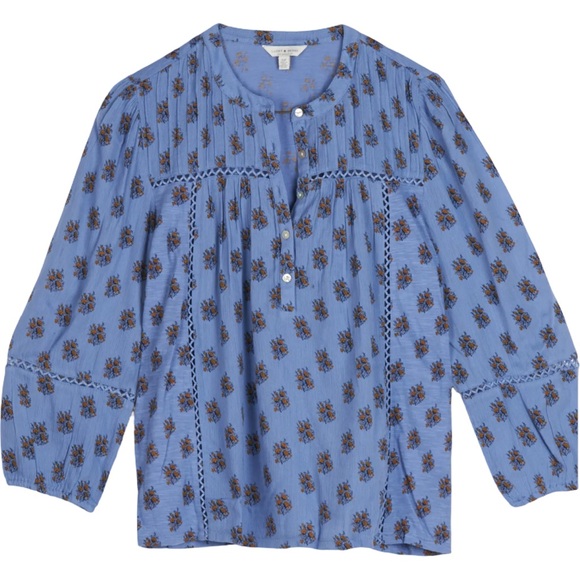 Lucky Brand | Women’s Blue Floral Inset Lace Button Up Mock Neck Blouse Top NWT - Picture 1 of 6